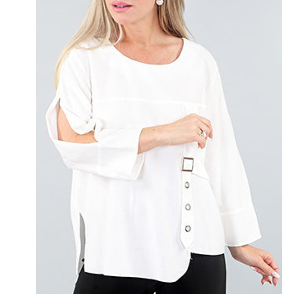 Women's White Top Blouse Size XS Cutout Sleeves and Buckle